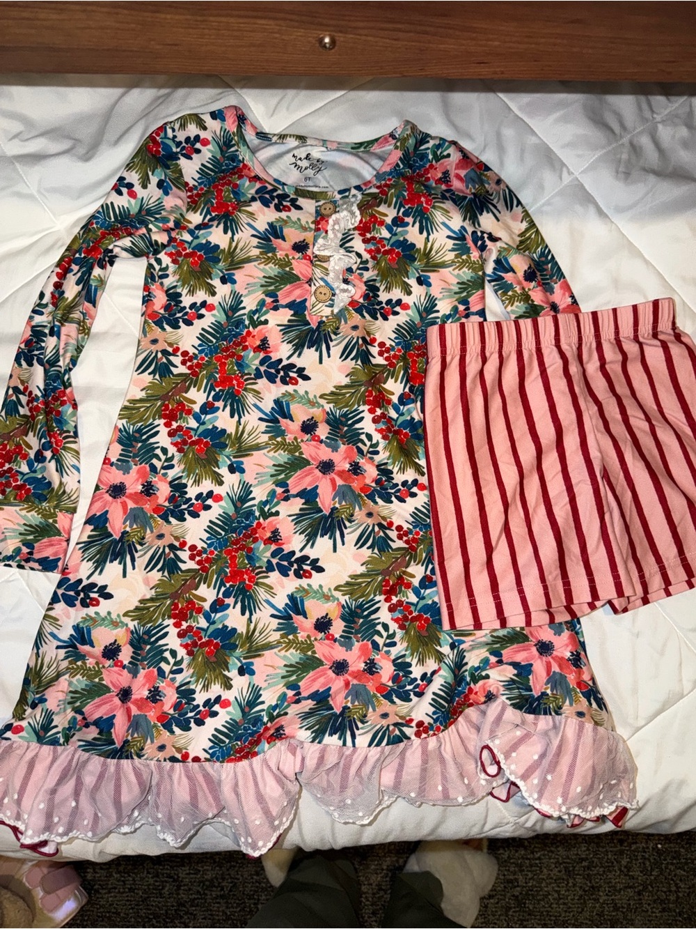 Made By Molly | Floral Pink Long-Sleeve Pajama Set with Striped Shorts, size 6t